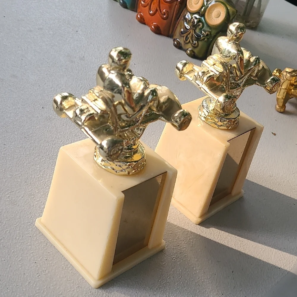 Vintage Gold Cream Go Kart Trophies Two Awards Blank‎ Front Plates